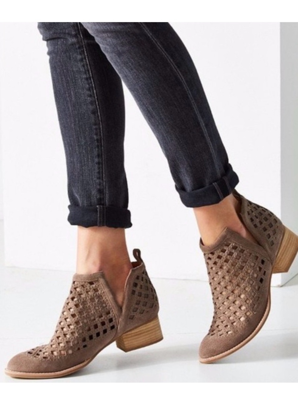 Jeffrey Campbell TAGGERT Taupe Suede Leather Laser Cut Lattice Ankle Boots
